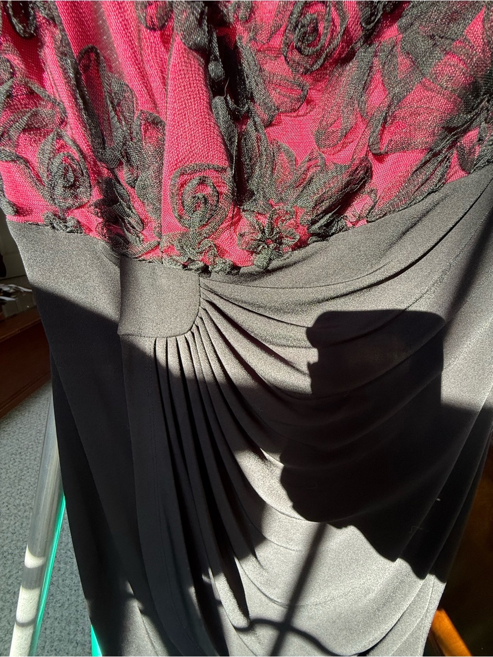 connected apparel Black Midi Dress with Red Rose Lace Bodice